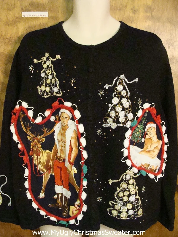 Christmas Gingerbread Cookies Black Knit with Trees and Two Hottie Guys Ugly Christmas Sweater