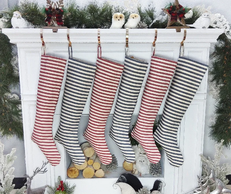 Blue Cottage Stripe Personalized Christmas Stockings with Wooden Name Tags or Embroidered Customization