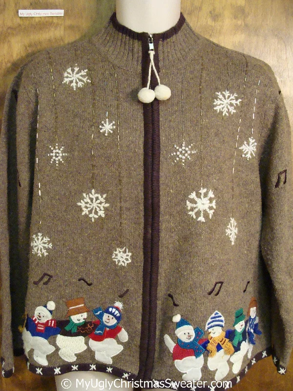 Christmas Sparkling Lights Brown Christmas Sweater with Dancing Snowmen