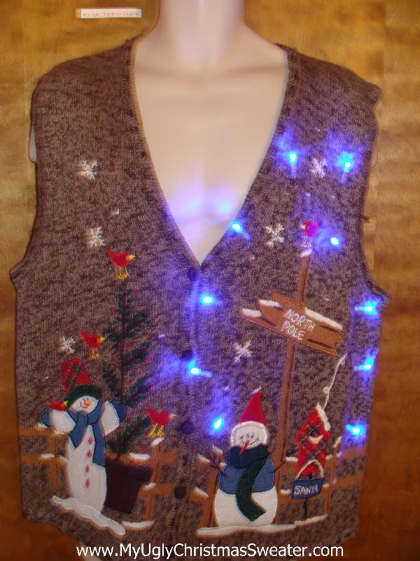 Christmas Midnight Mass Brown Light Up Ugly Xmas Sweater Vest with Snowmen