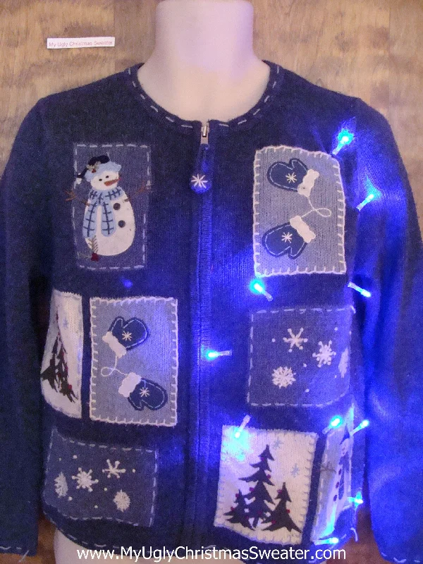 Christmas Warm Drinks Buel Tacky Christmas Sweater with Snowmen and Lights