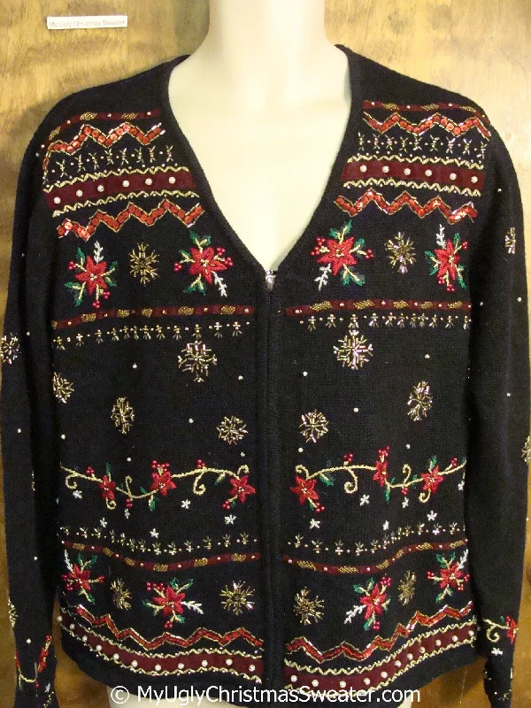 Christmas Red Stockings Cheap Black Christmas Sweater with Poinsettias