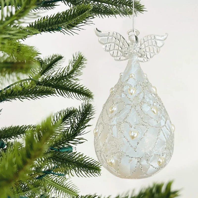 Christmas Cozy Decor Frosted Glass Angel Ornament with Heart Beads
