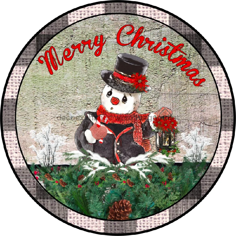 Christmas Sign, Black Edge Vintage Snowman, Sign VINYL-DECOE-843, Sign For Wreath, 10" Vinyl Round