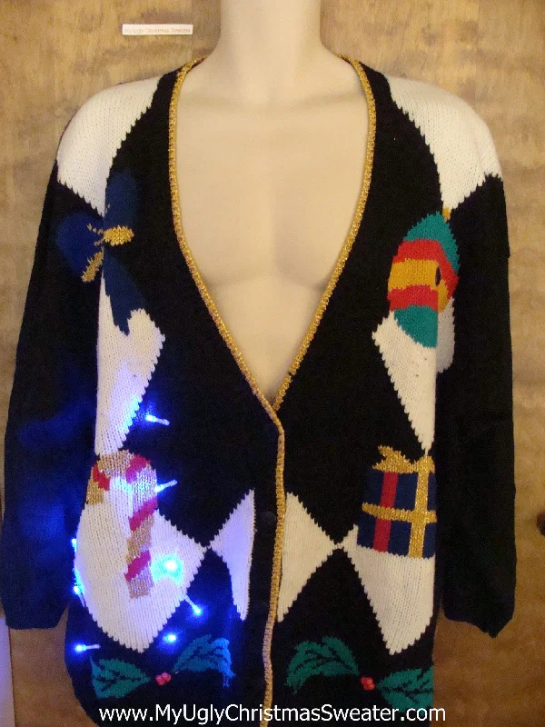 Christmas Cozy Snowfall Classic 80s Diamond Grid Christmas Sweater with Lights