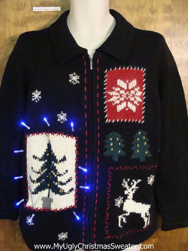 Christmas Glitter Ornaments Classic Reindeer and Tree Light Up Cheesy Christmas Sweater