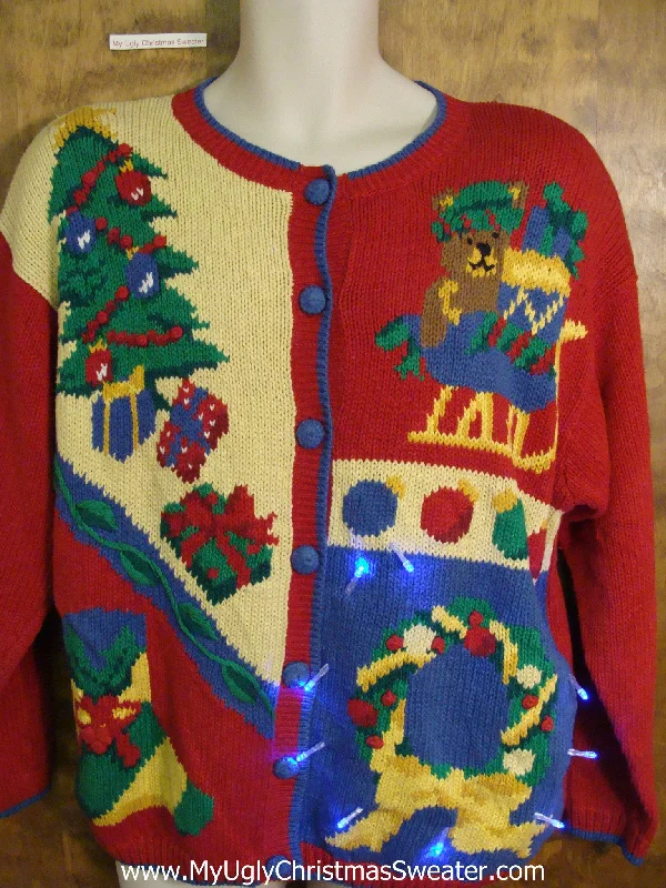 Christmas Wooden Decor Crazy 80s Colorful Christmas Sweater with Lights