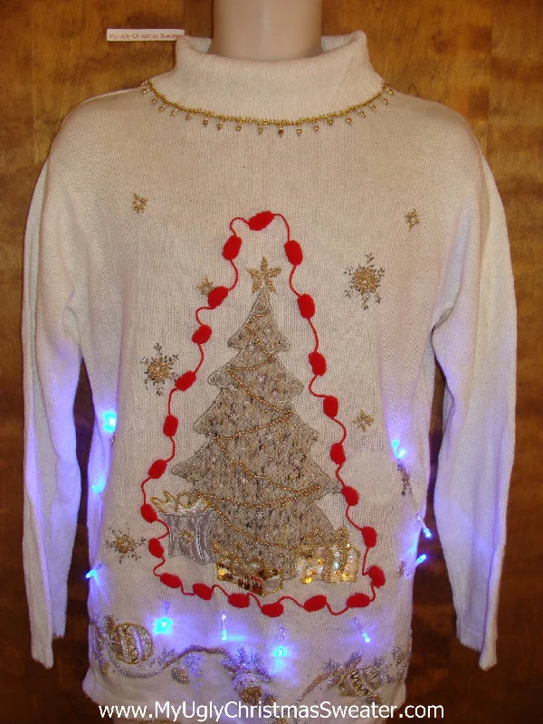 Christmas Gift Exchange Crazy 80s Ivory Christmas Sweater with Lights