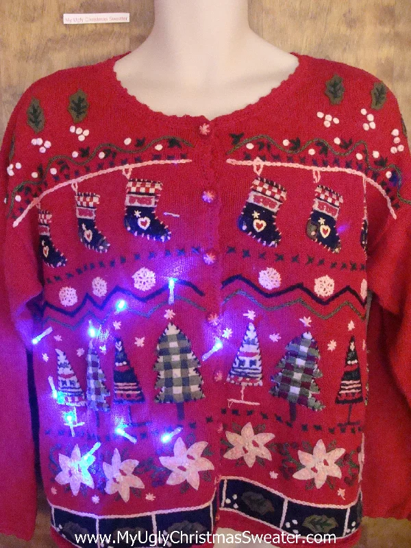 Christmas Glitter Decor Crazy 80s Plaid Trees Christmas Sweater with Lights