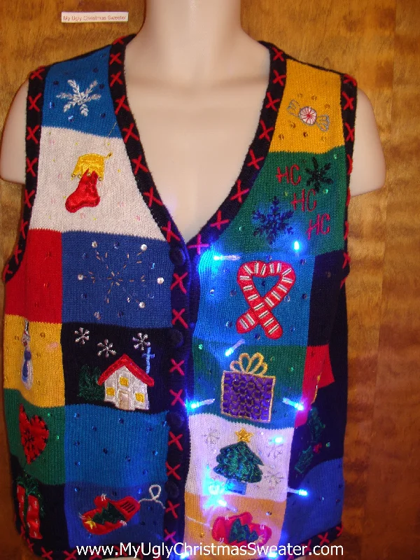 Christmas Baking Family Crazy Blue Patchwork Christmas Sweater Vest with Lights