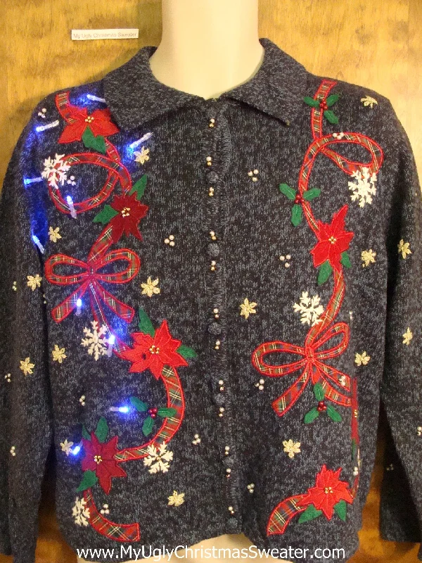 Christmas Golden Stars Crazy Bows and Poinsettias Christmas Sweater with Lights