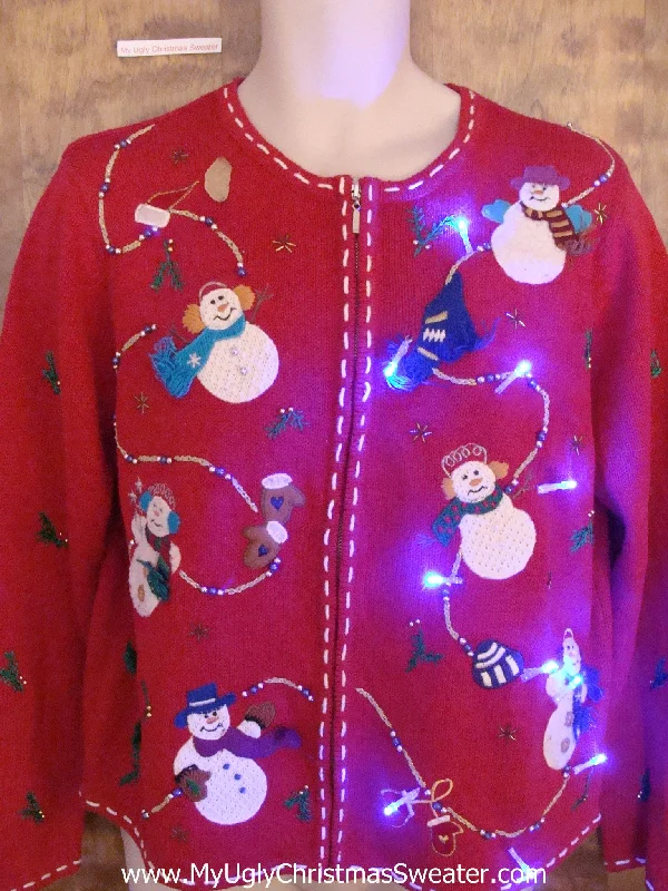 Christmas Joyful Moments Crazy Floating Snowmen Christmas Sweater with Lights