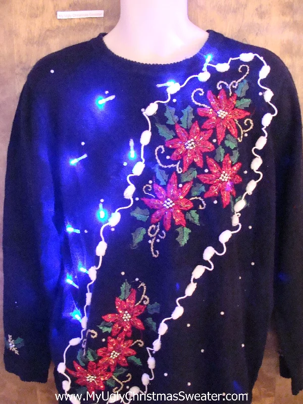 Christmas Golden Bells Crazy Poinsettias and Pom Poms Christmas Sweater with Lights