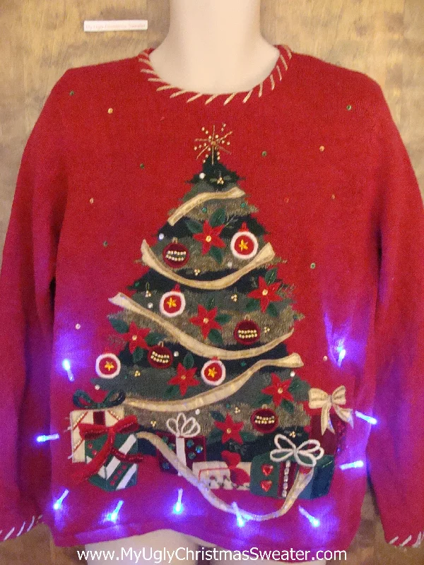 Christmas Jolly Good Time Crazy Red 80s Tree Christmas Sweater with Lights