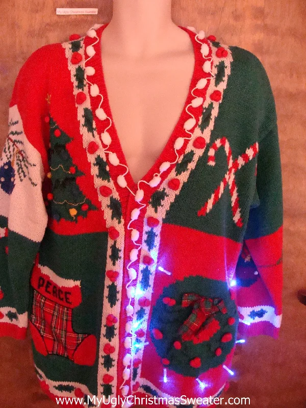 Christmas Holly Leaves Crazy Red and Green 80s Christmas Sweater with Lights