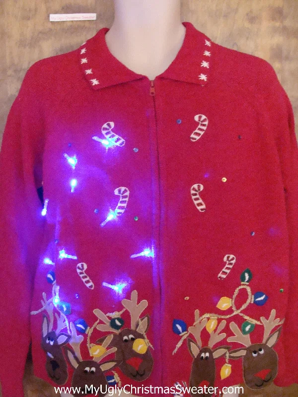 Christmas Themed Party Crazy Reindeer and Candycane Christmas Sweater with Lights