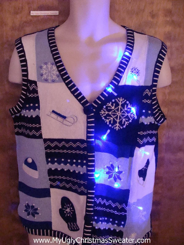 Christmas Holiday Gifts Cute Blue Winter Clothes  Light Up Ugly Xmas Sweater Vest