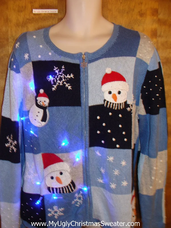 Christmas Starry Lights Cute Carrot Nosed Snowmen Christmas Sweater with Lights