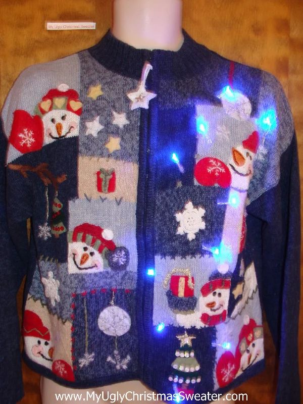 Christmas Holly Leaves Cute Snowman Blocks Light Up Cheesy Christmas Sweater