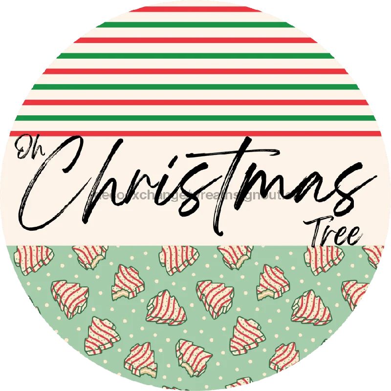 Door Hanger, Christmas Sign, Mint Stripe Christmas Cake Sign, Welcome Sign, 18" Wood Sign, Oh Christmas Tree, DECOE-2313-DH, 18" Wood Round