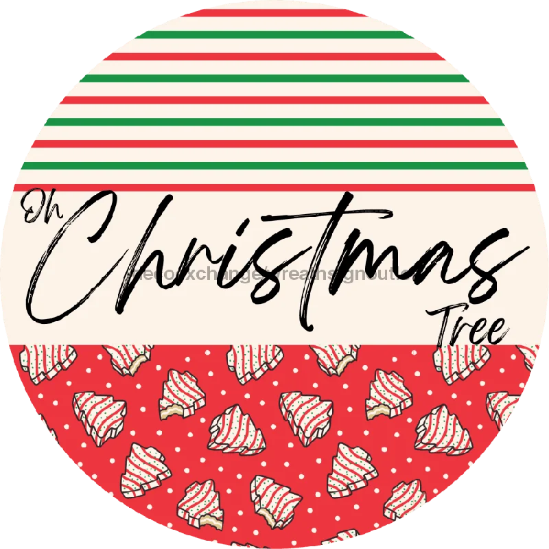 Door Hanger, Christmas Sign, Red Stripe Christmas Cake Sign, Welcome Sign, 18" Wood Sign, Oh Christmas Tree, DECOE-2299-DH, 18" Wood Round