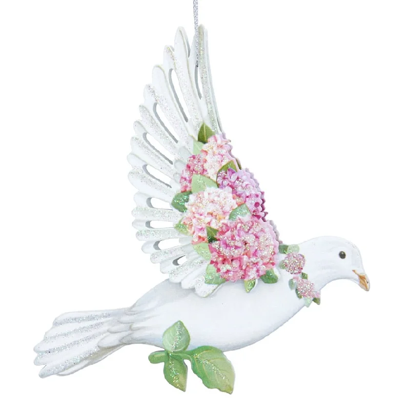 Dove with Pink Hydrangea Wood Ornament