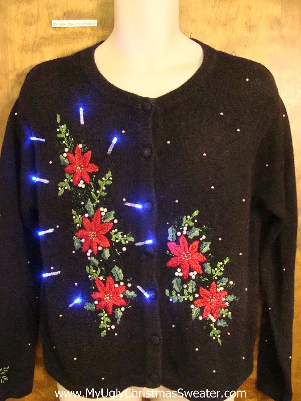 Christmas Snowy Windows Five Red Poinsettias Light Up Cheesy Christmas Sweater