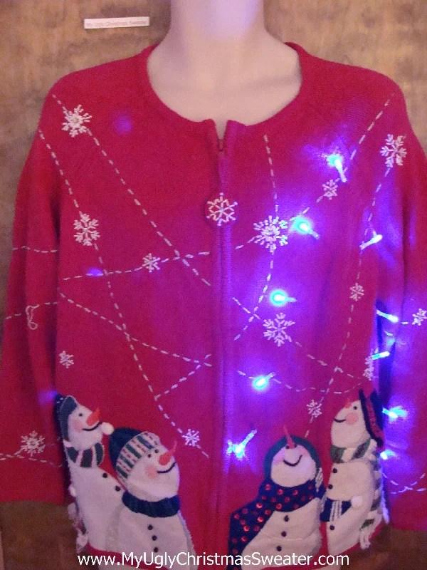 Christmas Candlelight Dinner Four Carrot Nosed Snowmen Light Up Ugly Xmas Sweater