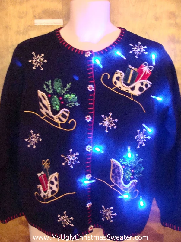 Christmas Homemade Cookies Fur Leopard Sleighs Light Up Ugly Xmas Sweater