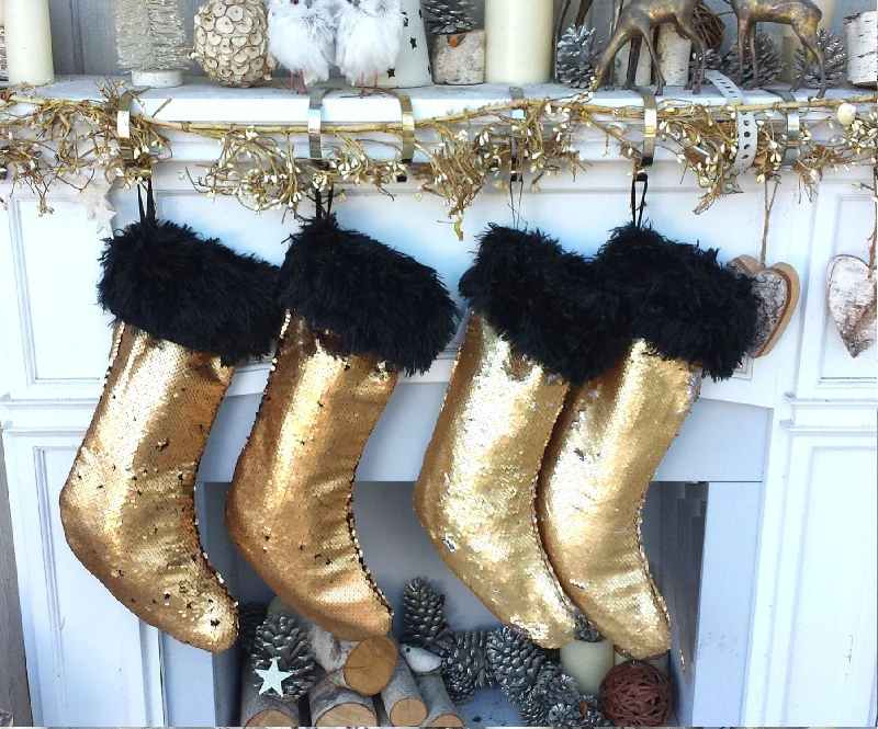 Gold Sequin Glamour & Glitz Bling Christmas Stocking - Gold to Black or Gold to Silver Reversible Sequins Christmas Decor