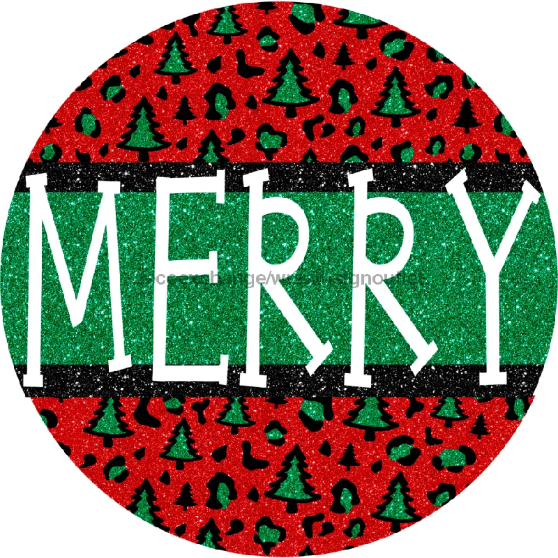 Green Leopard Trees, Merry Christmas Sign, 10" Round,  VINYL-DECOE-560, Sign For Wreath, 10" Vinyl Round