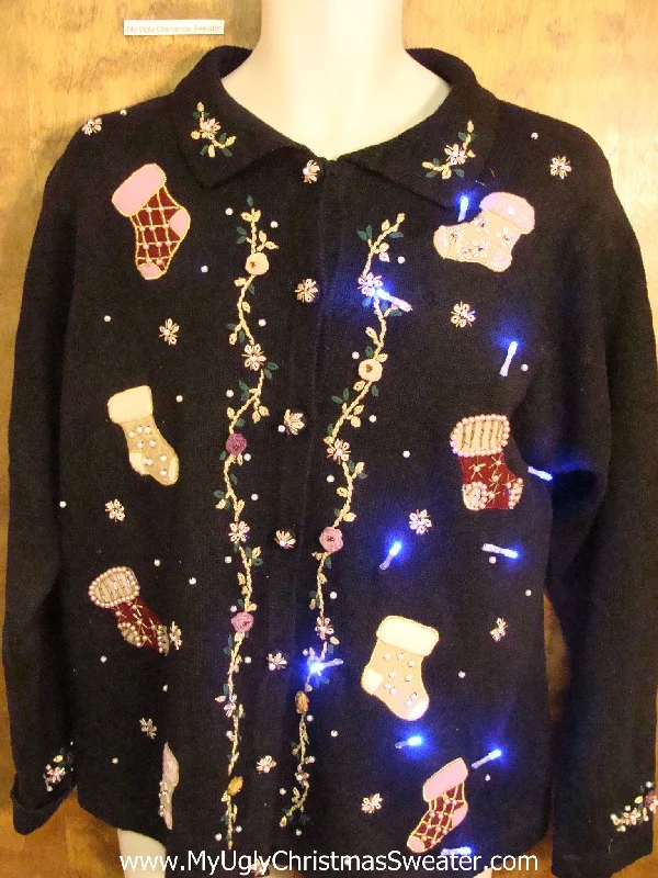 Christmas Snow Covered Roof Holiday Stockings Light Up Cheesy Christmas Sweater