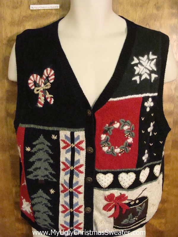 Christmas Snow Covered Roof Holiday Sweater Vest with Candycanes Hearts and Trees