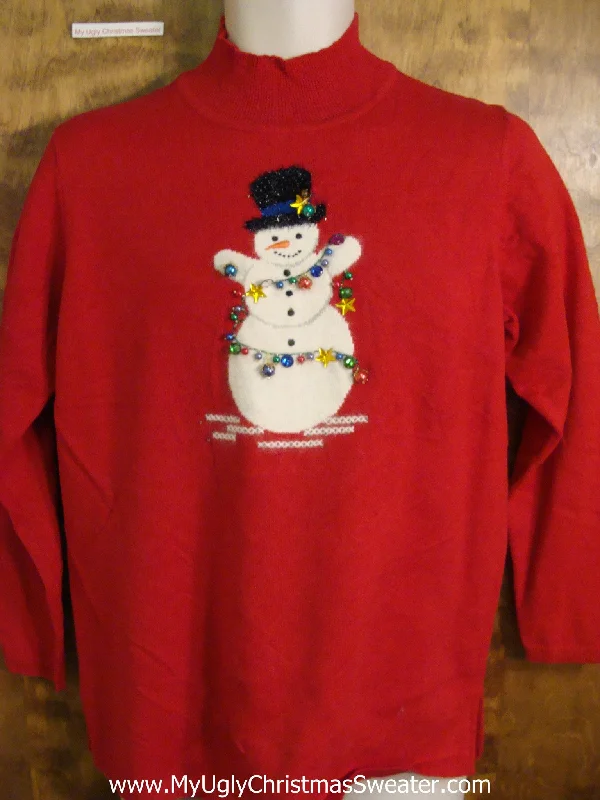 Christmas Cozy Ambience Holiday Sweater with a Happy Snowman Wrapped in Bling