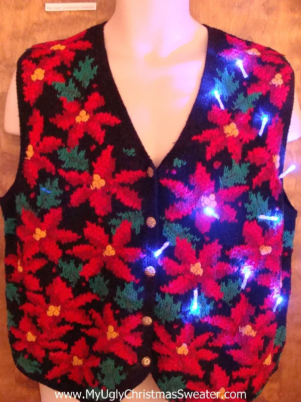 Christmas Toy Drive Horrible Front and Back Poinsettias Christmas Sweater Vest with Lights