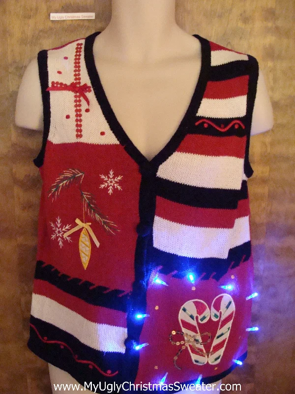 Christmas Ice Decorations Horrible Striped Light Up Ugly Xmas Sweater Vest