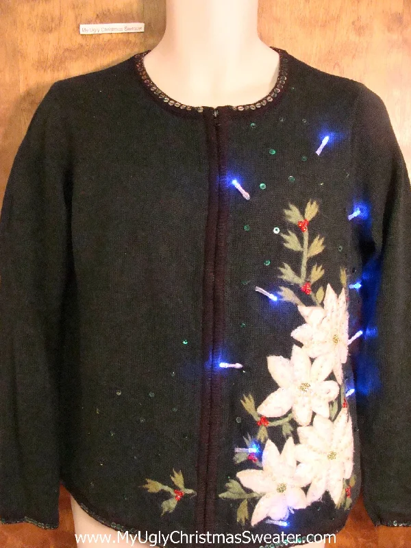 Christmas Glitter Decor Horrible White Poinsettias Christmas Sweater with Lights