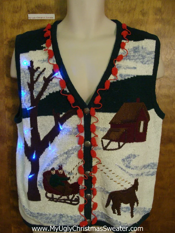 Christmas Jolly Vibes Horse and Sleigh Light Up Ugly Xmas Sweater Vest