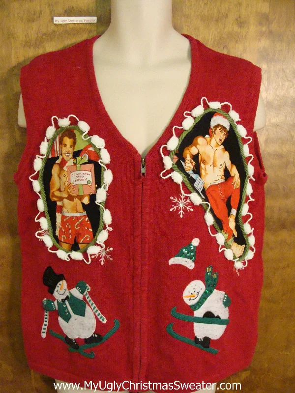 Christmas Handmade Decorations Hottie Guy and Skiing Snowmen Ugly Christmas Sweater Vest