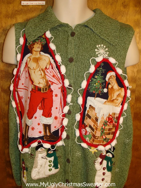 Christmas Reindeer Sleigh Hottie Guy Green Ugly Christmas Sweater Vest