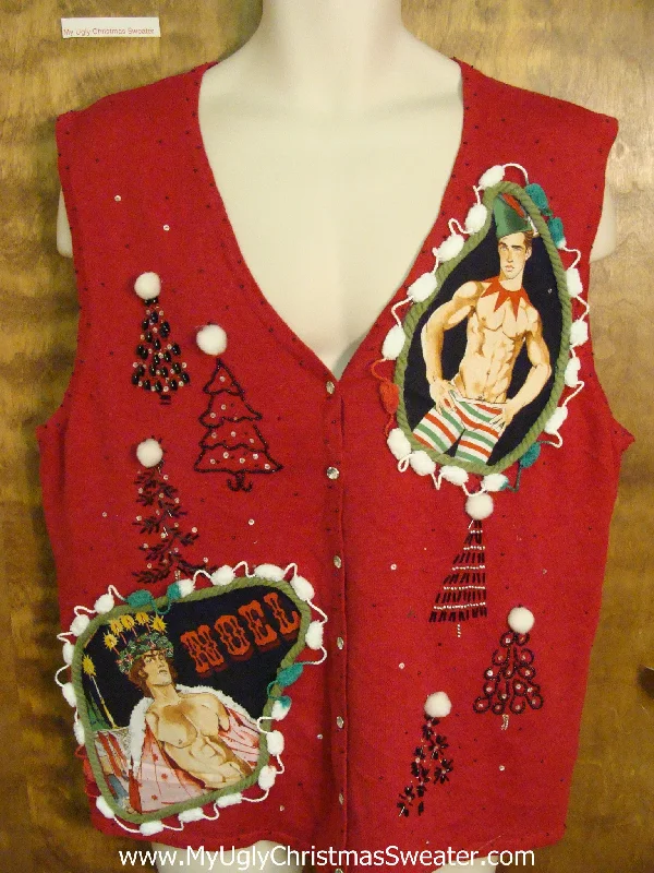 Christmas Night Before Hottie Guy Red Tree Themed Ugly Christmas Sweater Vest