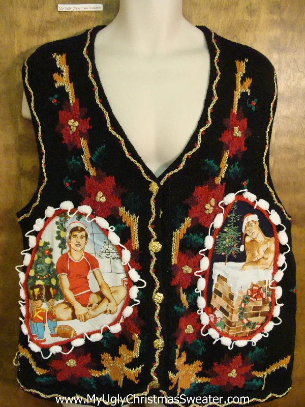 Christmas Glittering Ornaments Hottie Guy Ugly Christmas Sweater Vest with Poinsettias