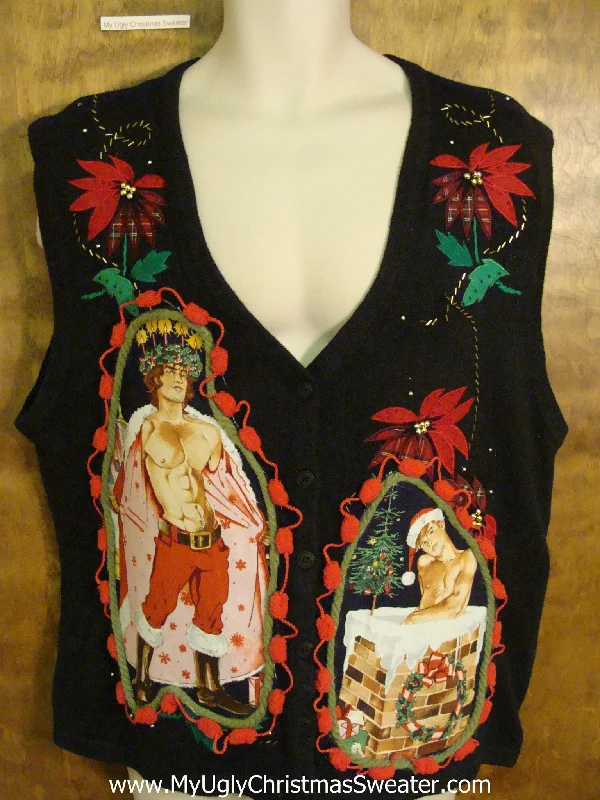 Christmas Midnight Mass Hottie Guy Ugly Christmas Sweater Vest with Poinsettias