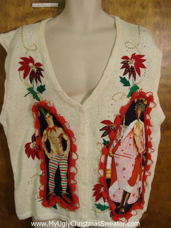 Christmas Tree Farm Hottie Guy Ugly Christmas Sweater Vest with Poinsettias