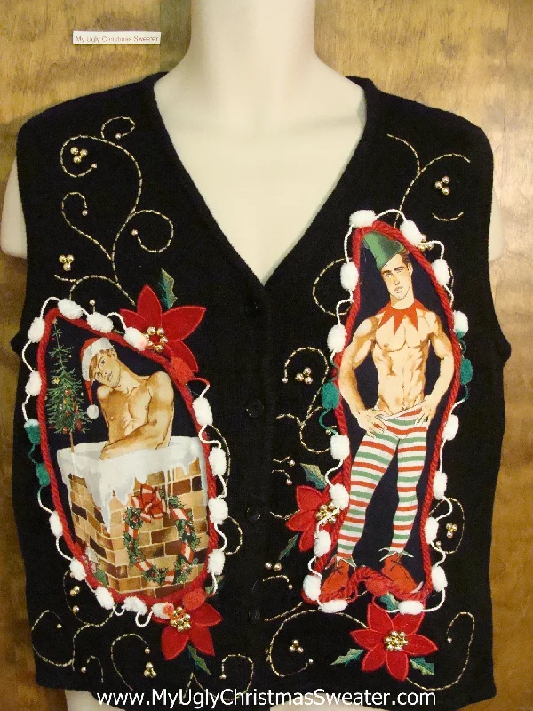 Christmas Fireplace Mantel Decor Hottie Guy Ugly Christmas Sweater Vest with Poinsettias