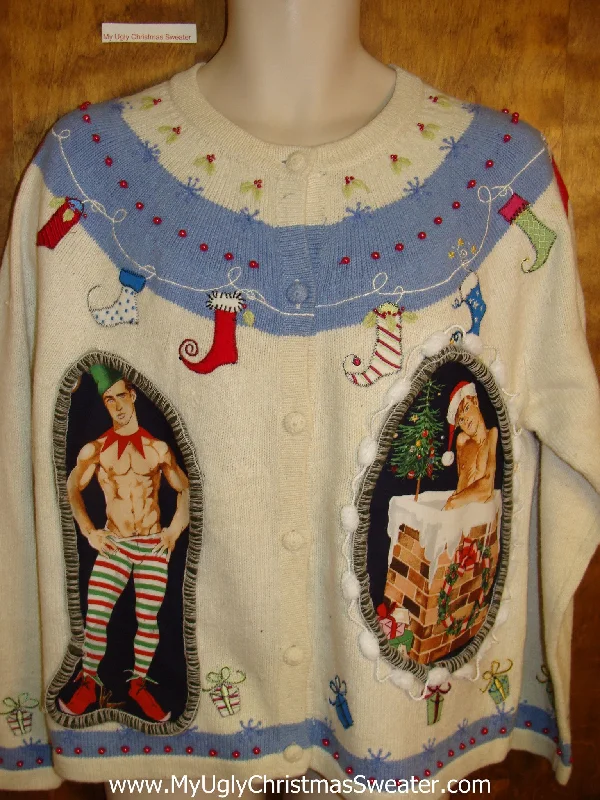 Christmas Warm Glow Hottie Guy Ugly Christmas Sweater with Pointy Stockings