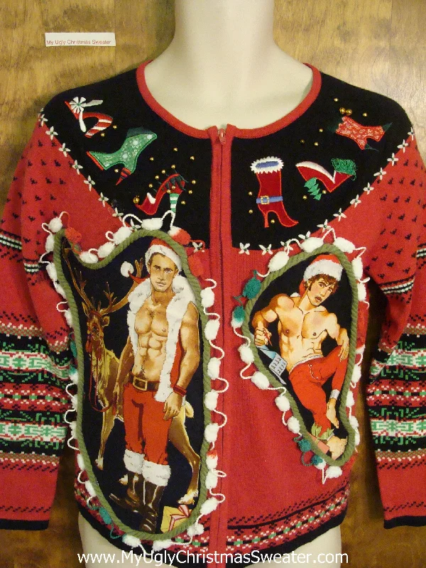 Christmas Yule Log Hottie Guy with Reindeer Ugly Christmas Sweater