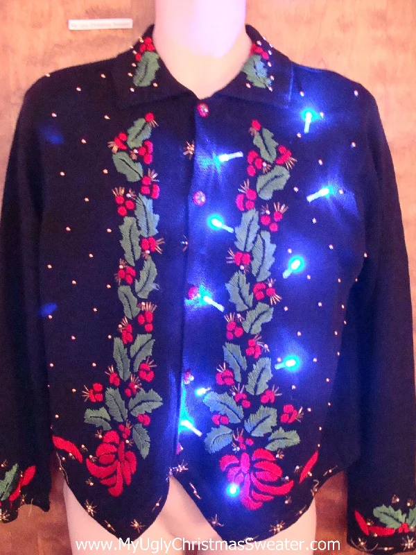 Christmas Golden Bells Ivy and Bows Light Up Ugly Xmas Sweater