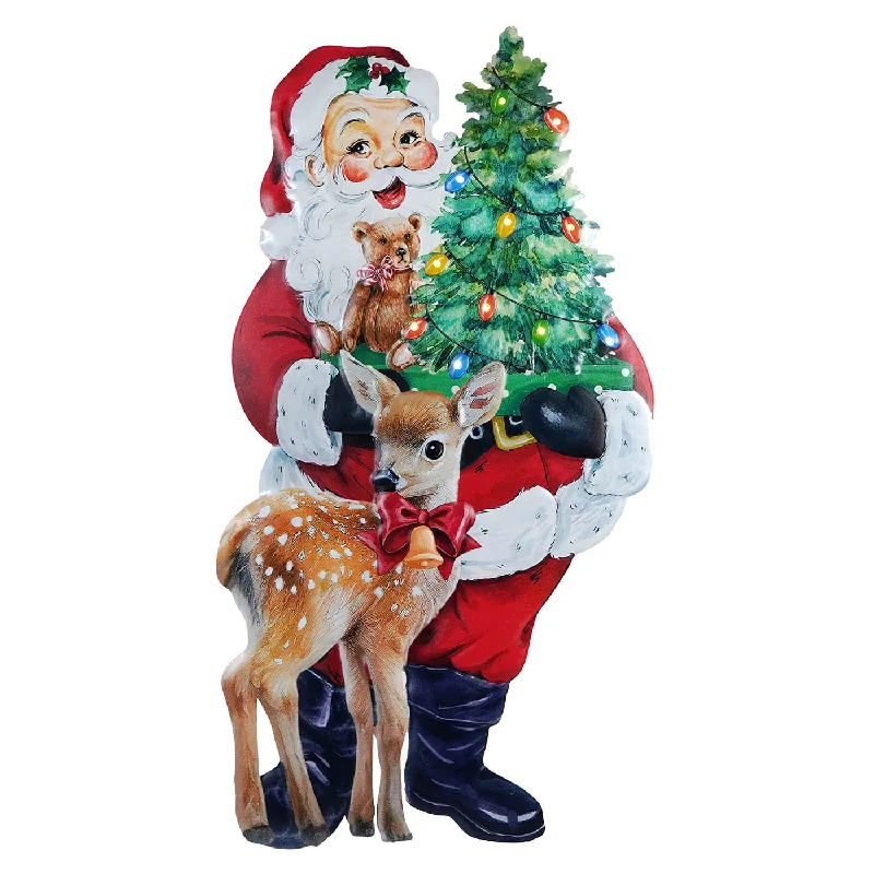 Large Lighted Metal Santa & Fawn With Easel & Timer