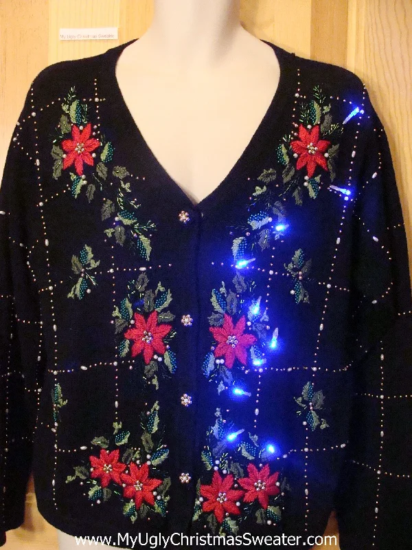 Christmas Peppermint Treats Light Up Christmas Sweater Red Poinsettias and Ivy